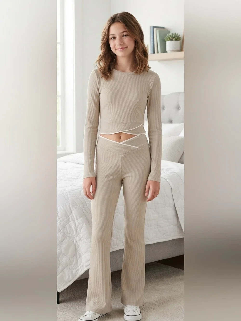 Yogalicious Beige Ribbed Wrap-Detail Lounge Set